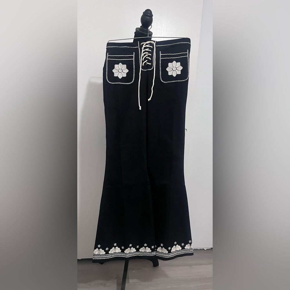 Floral Embroidered Black Flare Pants